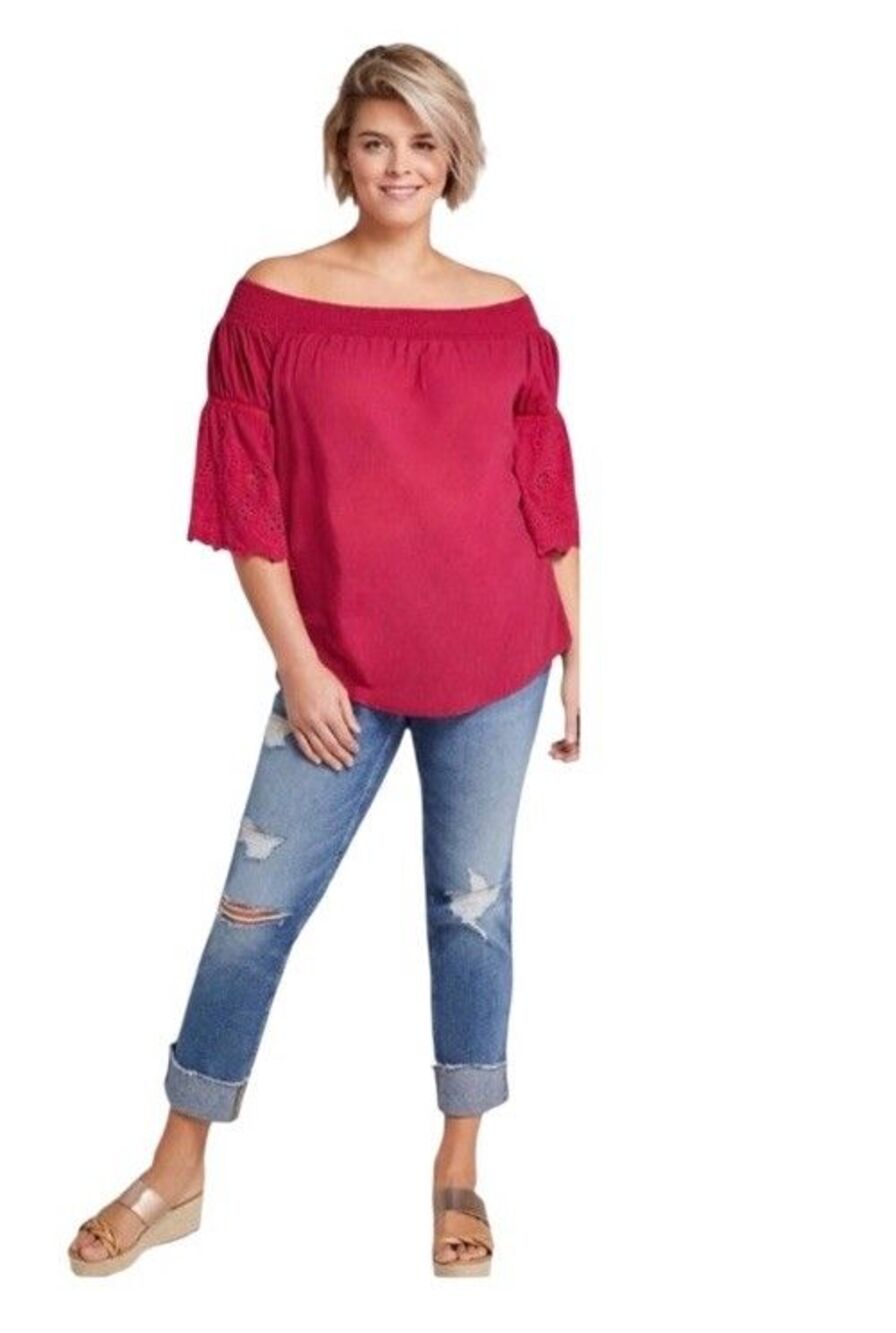 Lane Bryant Magenta Pink 3/4 Sleeve Off The Shoulder Smocked Neck Blouse 26/28